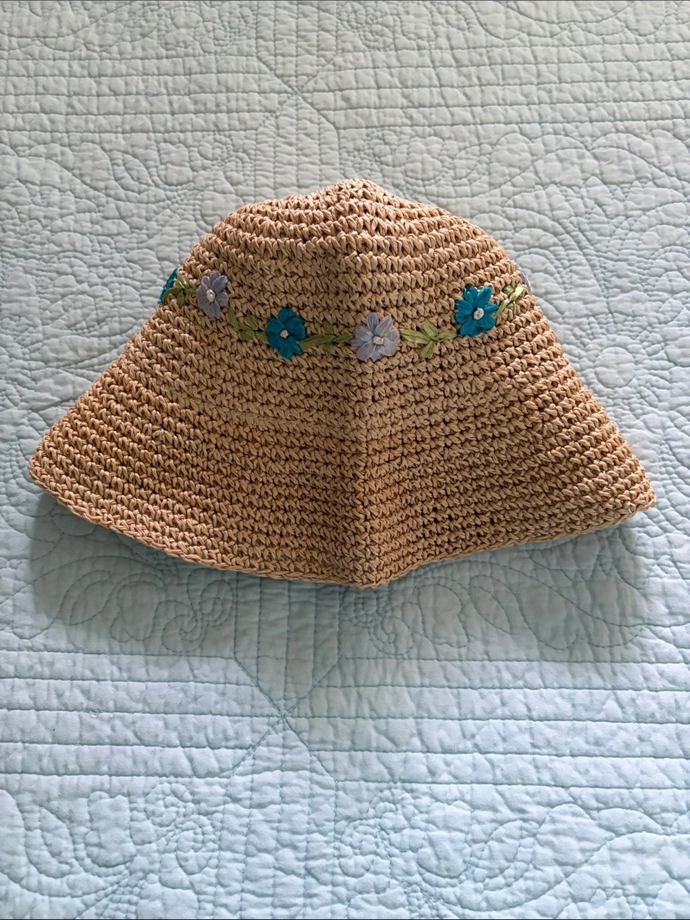 Kids Straw Sun Hat with Blue Floral Trim